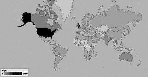 FIGURE 2:  A chloropleth map of the number of Earthlearningidea blog hits per country, by 31 July 2009 between 0 (shown in pale gray) to 6,699 (shown in black) of the 15,996 hits recorded; information provided by Google Analytics.