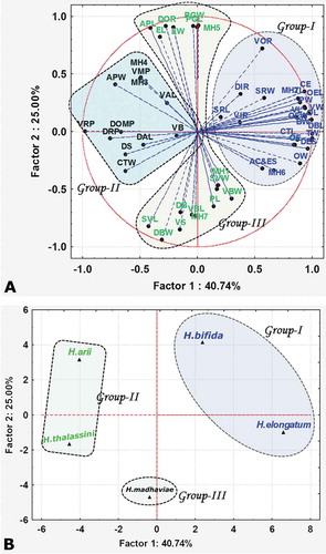 Figure 9. Principal component analysis (PCA). (A) Correlation values for each parameter tested with each axis and their discrimination into principal components. All abbreviations are defined in Table III. (B) The scatter diagram shows the relationship among the species.