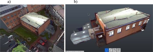 Figure 10. Merged point cloud as viewed in ReCap Pro (a) for the performed scanning; (b) cut to the inventoried object.