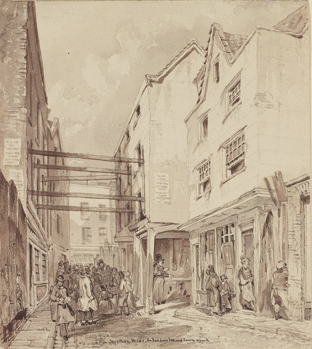 Figure 6. Robert Blemmel Schnebbelie, Jonathan Wild's, the Red Lion Inn, and Tavern opposite, 1844, © London Metropolitan archives.