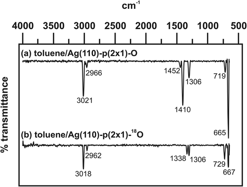 Figure 1. Reflection-absorption infrared spectra of toluene on (a) a p(2x1)-O and (b) p(2x1)-18O covered Ag(110) surface. The clean Ag(110) surface was first exposed to oxygen at 330 K and then to 6 L toluene at 330 K. The temperature was chosen to eliminate water from the surface.