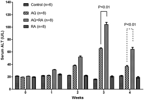 Figure 16. Effects of RA co-treatment on serum ALT in AQ-treated BN rats. Values shown are means ± SE (n = 6–8 animals per group). Data was analyzed for statistical significance by a two-way ANOVA.