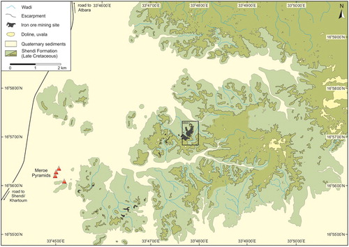 Figure 13. Geological map of the iron ore-mining region to the north east of the Meroe pyramids. The outline of the aerial map in Figure 2 covering the main mining area MMA1 is drawn as a black frame (map produced by Robert Bussert).