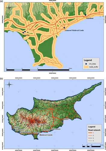 Figure 11.  (a) Major road network of Cyprus. (b, c) Proximity of CH sites to road network. (d) Classification of road network.