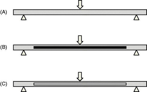Figure 1. Schematics of specimens. (A) specimen without reinforcement, (B) specimen reinforced with metal wire reinforcement, (C) specimen reinforced with FRC reinforcement.