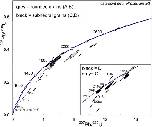 Figure 5. U-Pb data of zircons separated from dump sample D. Data are displayed for different groups of zircons having different morphology and size, as further discussed in the text. In the main figure rounded grains are separated from sub- to euhedral grains; the inset map shows data for grains with more developed crystal faces (C and D types), excluding some data points with larger errors (cf. Table 4).