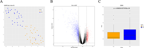 Figure 3 CDK5 expression in the blood of individuals with SAP. (A) Principal component analysis of SAP patient and healthy population data. (B) Volcano plot of differentially expressed genes in the GEO dataset. (C) Box line plot of CDK5 gene in SAP patients and healthy population.