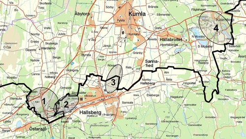 Figure 3. Map showing the towns of Kumla and Hallsberg, the municipal border (enhanced black line) and development sites: 1 – Brändåsen, 2 – Tälleleden/Ulvsätter, 3 – Rala, 4 – Kvarntorp. Map source: Lantmäteriets Geografiska SverigeData, översiktskarta 2020-01-24. Scale: 1 cm equals 1.5 km.