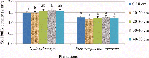 Figure 4. Soil bulk density at the two plantations. Different letters indicate significant differences in soil bulk density among the study sites according to Duncan's multiple range tests at a 5% level of probability. The letters are the rank order from highest to lowest value (alphabetically). Open bar indicates the standard error.