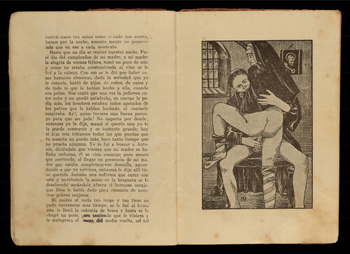 Figure 1. Two pages from the pornographic novel, El mundo del placer: o las memorias de Susana (Madrid: Editorial “El Gato Negro”), including a letterpress halftone image depicting sex between a priest and nun with a religious image in the background. Purchased by Zeb Tortorici to be donated to Archivo El Insulto, Mexico City.