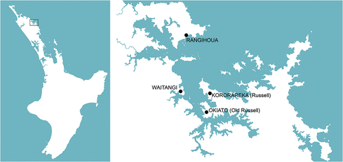 Figure 1. Okiato, Bay of Islands, location map, map information from Land Information New Zealand, redrawn Christine McCarthy.