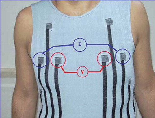 Figure 1.  T-shirt (Whealthy®) able to acquire simultaneously five ECG leads, heart rate, and respiratory activity with main tissular sensors, electrodes, and connectors.