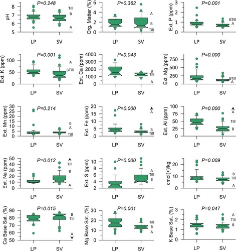 Figure 3. Boxplots of measured soil fertility data grouped by study site. P-values for differences were determined with a non-parametric Mann-Whitney U-test. ‘A’, ‘B’, and ‘Till’ denote the values measured for the three deep samples collected from the gully at the SV site (Figure 2).