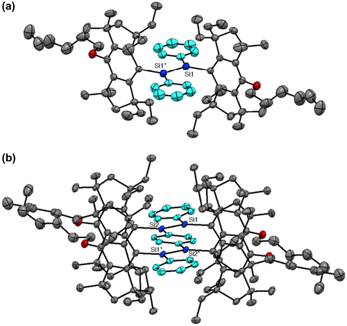 Figure 4. Molecular structures of 16 (a) and 17 (b) determined by X-ray crystallography.