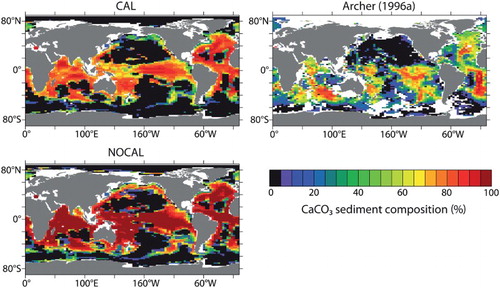 Fig. 12 Percentage CaCO3 sediment composition. CAL is shown in upper left panel; NOCAL is shown in bottom left panel, and gridded sample data from Archer (Citation1996a) is shown in top right panel.