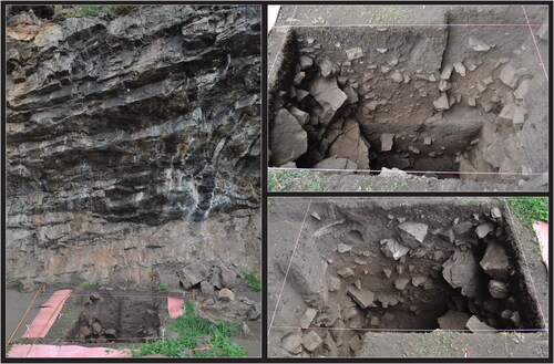 Figure 13. Millukmungee 1 main pit after completion of excavation, 24 January 2021. Left: Squares O3–O5 and P3–P5 pit and back wall. Top-right: East section, squares O3–O5. Bottom-right: West section, squares P3–P5 (photos by Bruno David).