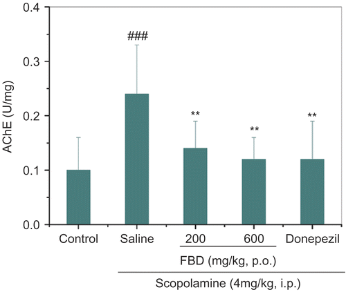 Figure 3.  lnhibitory activities of FBD aqueous extracts on cortical and hippocampal acetylcholinesterase activity and circulating butyrylcholinesterase activity in mice treated with scopolamine in vivo. AChE, acetylcholinesterase; Data represent means ± SD of 10 mice per group. ###p <0.001 compared with control group; **p < 0.01 compared with saline-treated group.