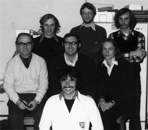 Figure 1. George Gray’s early research group. Back row from left: Alan Mosley, John Goodby, Mike Hannant; Middle row from left: George Gray, David Coates, Stephen Kelly; Front row Damien McDonnell.