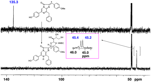 Fig. 2. 13C-NMR spectra of model chromophore.Notes: 13C-labeled DCL reacted with DTT to form the model chromophore. The 13C-labeled sp2 carbon was observed at 135.3 ppm. The signal shifted to 45.4 and 45.2 ppm at the sp3 carbon when the chromophore was formed. Due to the chiral centers of DTT, the chromophore was observed as a mixture of diastereomers. The spectra were recorded in CD3OD.