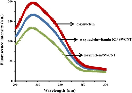 Figure 1 Tyrosine fluorescence signals of α-syn with or without vitamin K1 in the presence of SWCNTs.