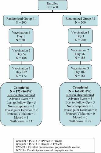 Figure 2. Participant disposition. Group #1 = PCV13 -> PPSV23 -> Placebo. Group #2 = PCV13 -> Placebo -> PPSV23. PPSV23 = 23-valent pneumococcal polysaccharide vaccine. PCV13 = 13-valent pneumococcal conjugate vaccine