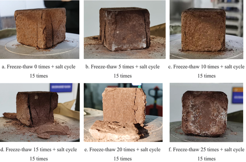 Figure 11. Failure characteristics of F1~F6 samples under uniaxial compression after salt weathering.