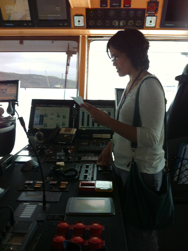 Figure 4. Bridge operation system of the Havila Venus with performer Carolyn (photo by author, July 2014).