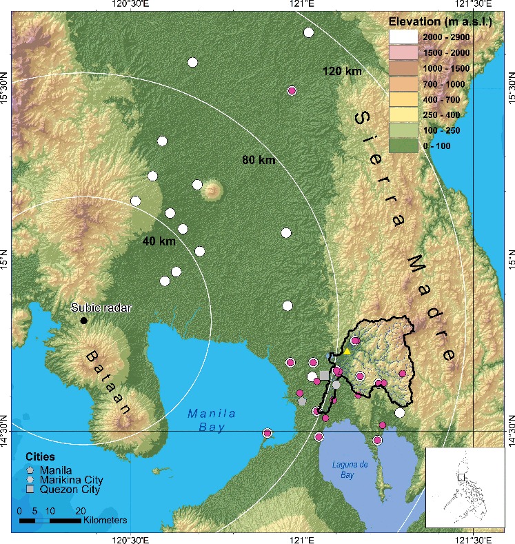 Figure 1. Location of the Marikina River Basin (black line) and the rain gauges that were used for the verifications within the 120-km range of the Subic radar. The white and pink circles represent rain gauges used for verification in 2012 and 2013, respectively. The yellow triangle is the location of the Montalban river gauge and blue lines represent the river network. To view this figure in colour, please see the online version of the journal.