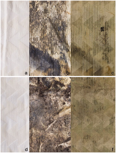 Figure 4 The differing expressions of the same section of the triangle pattern. Before (a), after two months underwater, unwashed (b), and washed (c). Before (d), after two months underground, unwashed (e), and washed (f).