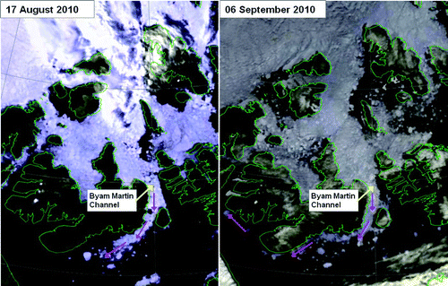 Fig. 3 NOAA AVHRR visible images, showing sea-ice cover in the QEI and the outflow of sea ice from the region through Byam Martin Channel into western Parry Channel during August and early September 2010. Pink arrows illustrate the trajectory of the outflowing sea ice.