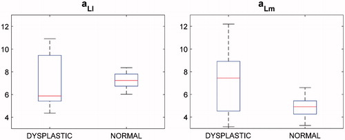 Figure 8. Box plots of the aLl and aLm distributions for the two subgroups, dysplastic and normal. Median and lower–upper percentiles are displayed.