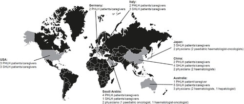 Figure 1. Total sample – patients/caregivers and physicians, by location. pHLH: primary haemophagocytic lymphohistiocytosis; sHLH: secondary haemophagocytic lymphohistiocytosis.