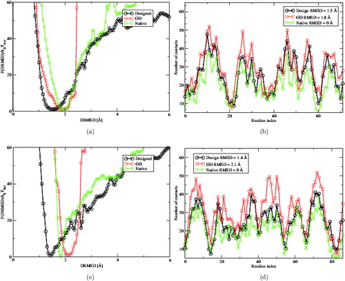 Figure 5. Folding free-energy landscape F(DRMSD)/k B T Ref as a function of DRMSD of the designed 1leb at T = 0.6, and 2kyw at T = 0.8. As for the other simulations, also in this case, all profiles have a global minimum around 1.5 and 2 Å  DRMSD with a smooth funnel shape. The constrained simulations perform worse than the designed one and we identified the reason in the tendency of Go potentials to form highly compact configurations that are not always compatible with the native structure. The heterogeneous potential used for the design, thanks to the repulsive nature of some of the interactions, is capable of stabilising slightly more open structures.