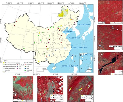 Figure 1. Geographic locations of ground measurement sites and the comparison sites across China are depicted in the dot samples. These samples represent the ground measurements of FVC over the GF-1 false-color composite image, utilizing near-infrared, red, and green bands for each study area in subgraphs. The yellow dots indicate crop areas, and the sugilite sky dots indicate forest areas. The yellow dots over a light green background represent grass type samples. The colorful star and triangle samples denote the ground measurement sites used for inter-comparisons.