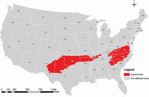 Figure 1. The impact areas and non-affected areas in Winter Storm Diego. The impact areas (red) are places where Winter Storm watches and/or alarms were issued.