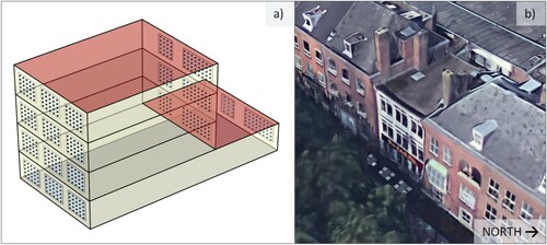 Figure 28. (a) 3D model of the case study building with the irradiance sensor points indicated on the windows. (b) External view of the façade.