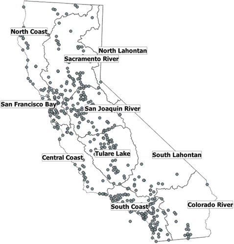 Figure 2. Map of wastewater facilities in California serving large water suppliers, with boundaries of hydrologic regions shown. Northern and Eastern areas of the state receive more precipitation, while Southern areas are drier.