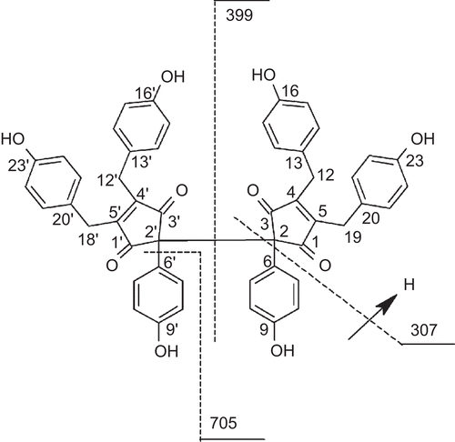 Figure 1.  Chemical structure diagram of nostotrebin 6, shown together with the fragmentation scheme of the collision-induced dissociation of the molecular ion [M + H]+ of nostotrebin 6.