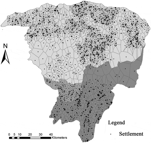 Figure 2. A Voronoi diagram showing the distribution of human settlements in Zhenglan Banner. Light black part indicates pastoral, moderate black part indicates farmland area, and deep black part indicates farming-pastoral ecotone, respectively.