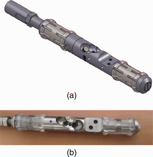 Figure 5. Ultrasonic transducer for steam generator tube inspection designed based on the modeling result. (a) Modeling result. (b) Manufactured multi-array ultrasonic assembly.
