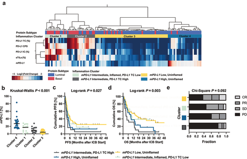 Figure 2. (a) Unsupervised hierarchical cluster analysis of PD-L1 expression on tumor cells (TPS, %) and immune cells (IC, %), PD-L1 combined positive score (CPS), overall immune infiltration (stromal tumor infiltrating lymphocytes, sTils, %), and PD-L1 promoter methylation. (b) Distribution of continuous mPD-L1 across different cluster groups (Mann–Whitney U tests: Cluster 4 vs. Cluster 1 P = 0.004, Cluster 4 vs. Cluster 2 P < 0.001, Cluster 4 vs. Cluster 3 P < 0.001 Cluster 1 vs. Cluster 2 P = 0.14, Cluster 1 vs. Cluster 3 P = 0.002, Cluster 2 vs. Cluster 3 P = 0.007). (c) Progression-free (PFS) and (d) overall (OS) survival analyses based on cluster group assignments. (e) Objective response rates (according to RECIST v1.1) based on cluster group assignments.