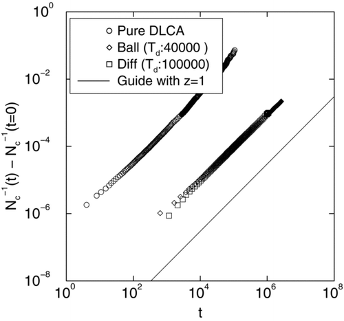 FIG. 6 Log-log plot of inverse cluster count N c − 1(t) − N c − 1(t = 0) versus time t for mono-disperse DLCA and DLCA with poly-disperse distributions originating from both ballistic and diffusive coalescence as discussed before. Slope for each of these curves yields z = 1 in agreement with diffusive scaling. Since the number of monomers at this DLCA stage is much smaller than in the coalescence phase, we compute inverse cluster count N c − 1(t) − N c − 1(t = 0) instead of just the cluster number N c (t). At final times (t D = 100,000 for diffusive coalescence and t D = 40,000 for ballistic coalescence) both diffusive and ballistic coalescence yield an average particle diameter of 7σ.