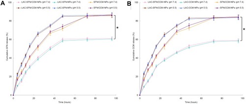 Figure 4 In vitro SFN (A) and CCM (B) release of nanoparticles preformed in pH 7.4 and 5.5. The drug release of LAC-SFN/CCM-NPs in pH 5.5 was more efficient than in pH 7.4. At the end of study, over 80% of drugs were released from LAC-SFN/CCM-NPs in pH 5.5, while drugs release in pH 7.4 was less than 60%. Data represent mean ± SD, *means P < 0.05.