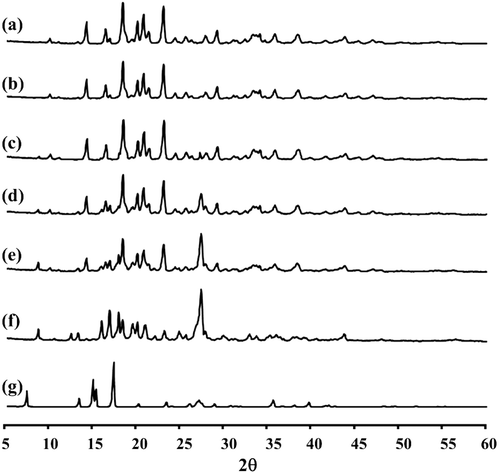 Figure 2.  The X-ray diffraction patterns of (A) porous mannitol, (B–F) PZA-proliposome formulation I to V (containing PZA 10, 20, 40, 60 and 80% w/w, respectively) and (G) PZA.