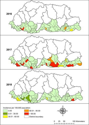 Figure 2. Dengue incidence rates by sub-districts, Bhutan, 2016–2018