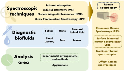 Figure 1. Spectroscopic techniques, diagnostic biofluids and analysis area. Dashed boxed topics indicate those covered in detail in this review.