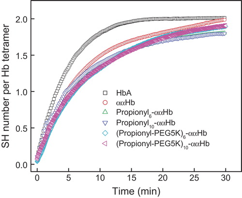 Figure 5. Kinetics of the reactions of SH groups of HbA, αα-Hb, Propionyl6-αα-Hb, Propionyl10-αα-Hb, (Propionyl-PEG5K)6-αα-Hb, and (Propionyl-PEG5K)10-αα-Hb with 4,4-dipyridine disulfide (4-PDS).