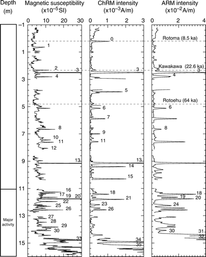 Fig. 3  Magnetic susceptibility, ChRM, and ARM intensity for Onepoto core. The main magnetic features are identified with numbers also reported in Table 2. A period of probably major volcanic activity in the AVF is indicated on the left.