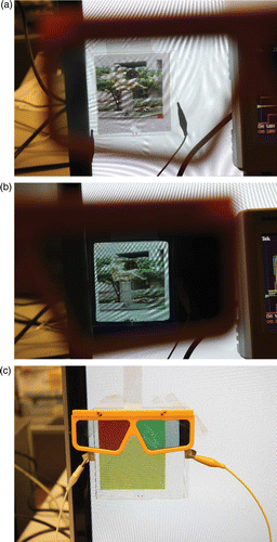 Figure 7. (a) Left-eye images, (b) right-eye images, and (c) pair of red and green stereoscopic images.