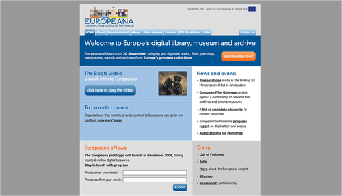 Figure 2. Europeana (https://europeana.eu). Homepage of the website, on 11 November 2008. Screenshot. Archived at WayBack machine (https://web.Archive.org).